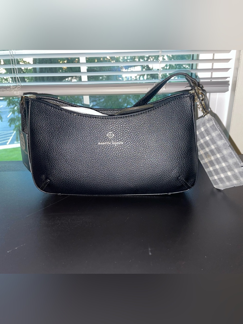 Nanette Lepore Black Vegan Leather Pebbled Shoulder Purse with Gold Accents